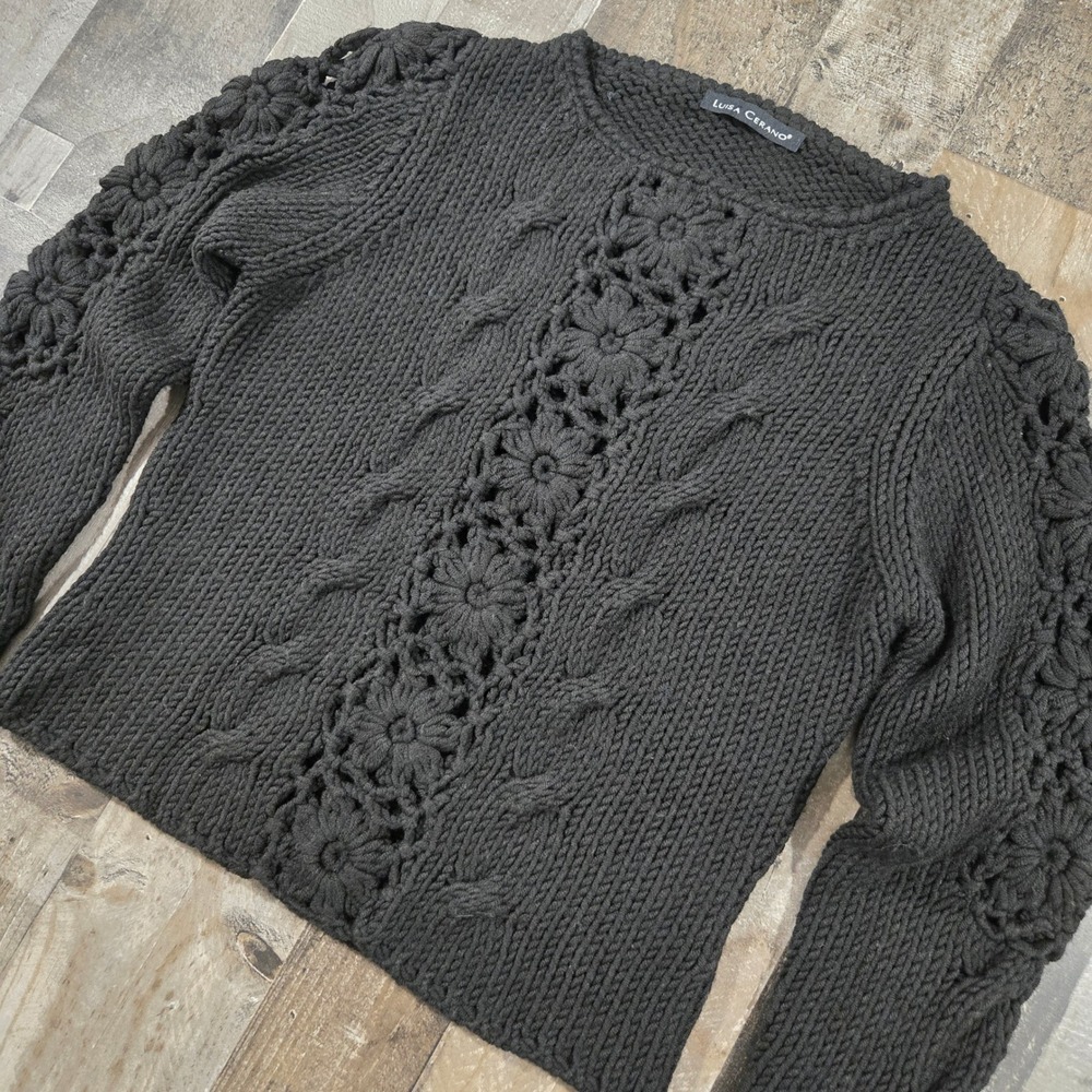 Luisa Cerano Black Chunky Knit Floral Crochet Cable Sweater Virgin Wool Blend 8